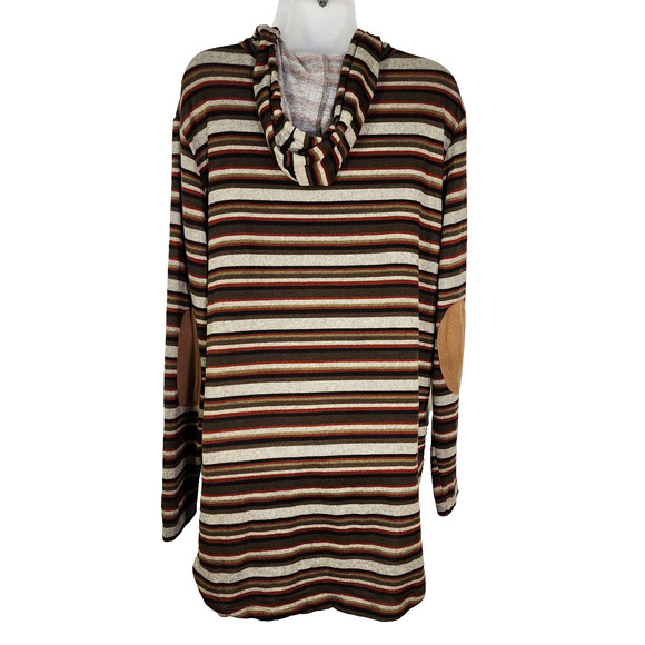 Sunshine & Rodeos Hoodie Women Large Striped Tunic Elbow Patches Pockets Western - Picture 2 of 9